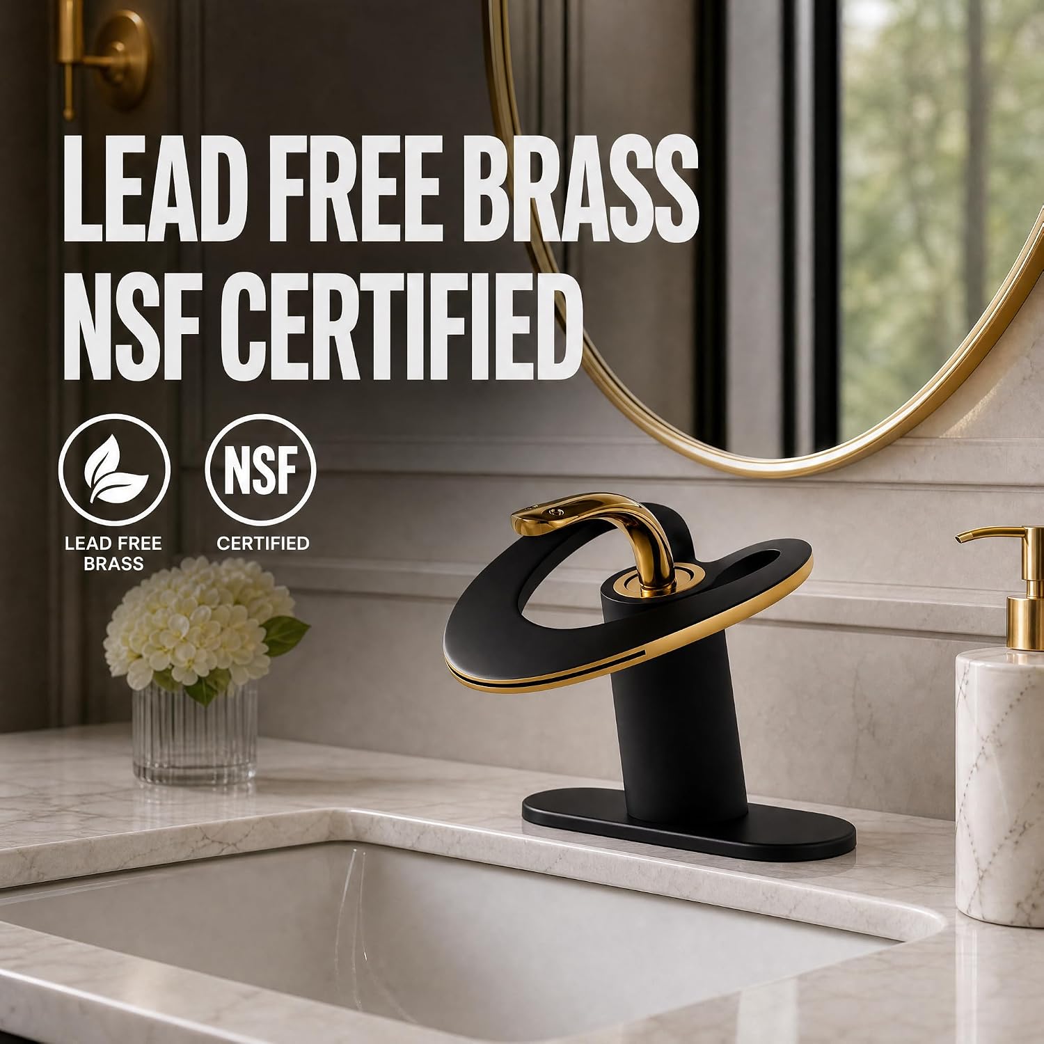 Black Gold Waterfall Sink Single Hole Vanity 1 Handle Brass Modern Unique Bathroom Faucets, 2 Tone Single Lever Copper Swan Style Vessel Hollow Faucet with Deck Plate for 3 Hole